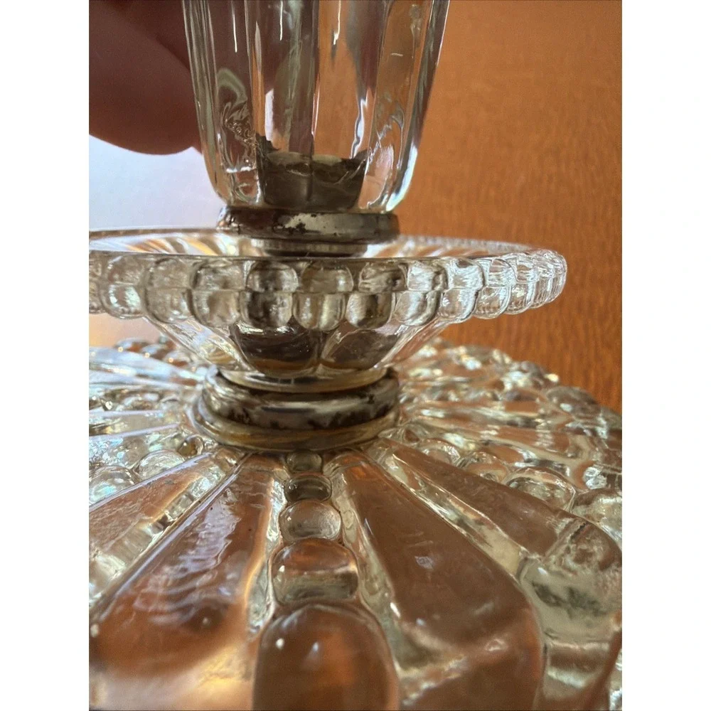 Vtg 1950's Art Deco Cut Glass Pair Of Candlestick Holders 4